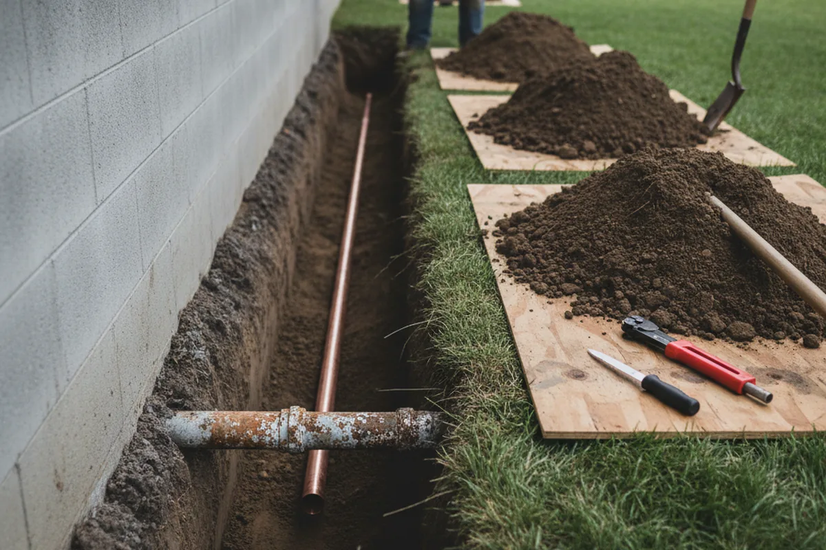 Excavated water line trench during Water Heater Repair in Indian Head